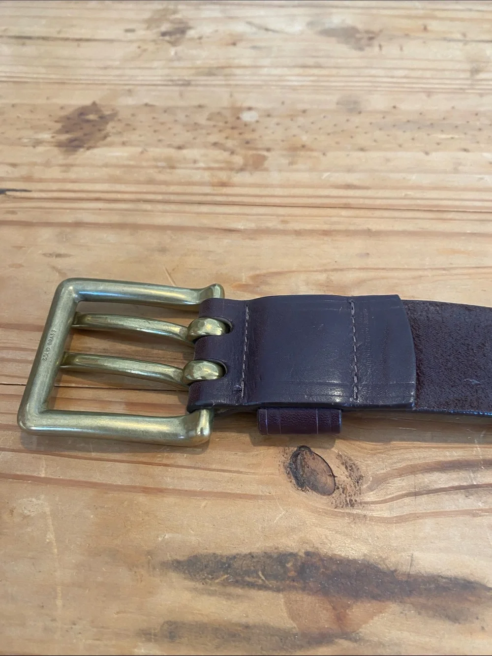 The Honest Company Dark Brown Triple-Prong Leather Belt with Brass Buckles